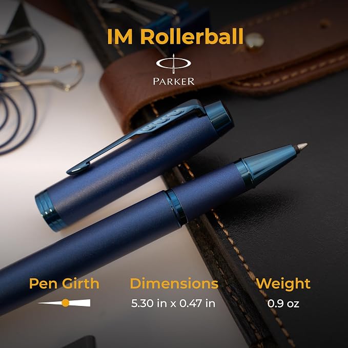 Parker IM Monochrome Blue Engraved Rollerball Pen, All-Metal Blue Trim, Fine Point Black Ink, Arrow Clip, Personalized Gift for Graduation, Writers, Career Advancement, Parker Gift Box