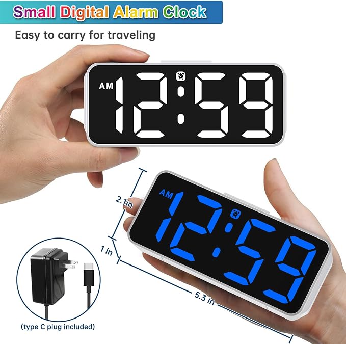 Peakeep Small Cute Digital Alarm Clock Plug in for Kids Bedroom Bedside | 8 Colorful Colors Large Display, Dimmable 6 Brightness, Corded Electric Battery Backup (White - RGB)