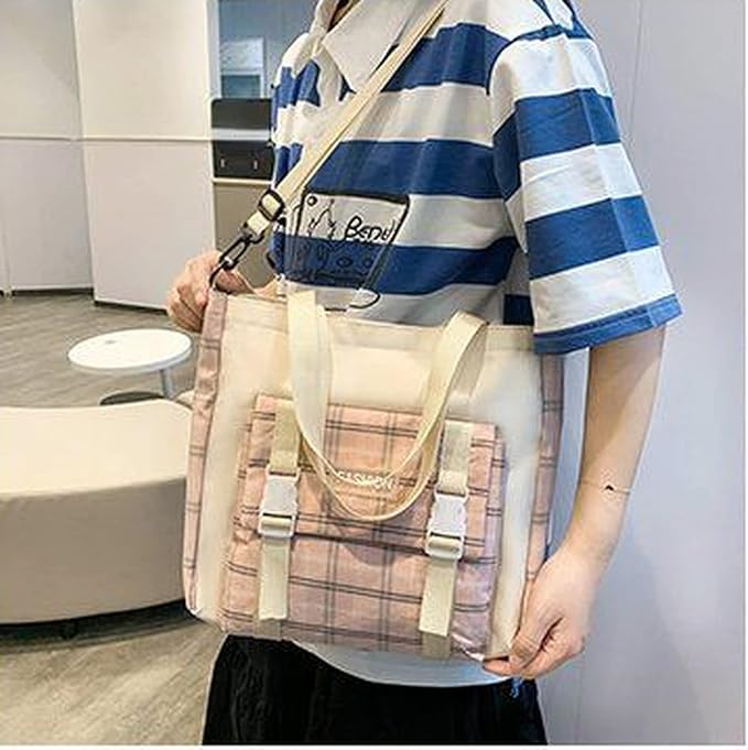 Aobiono 5Pcs Kawaii Plaid Backpack Set Aesthetic Preppy Cute Check with Pins Bear Pendant Light Academia School Supplies Kit