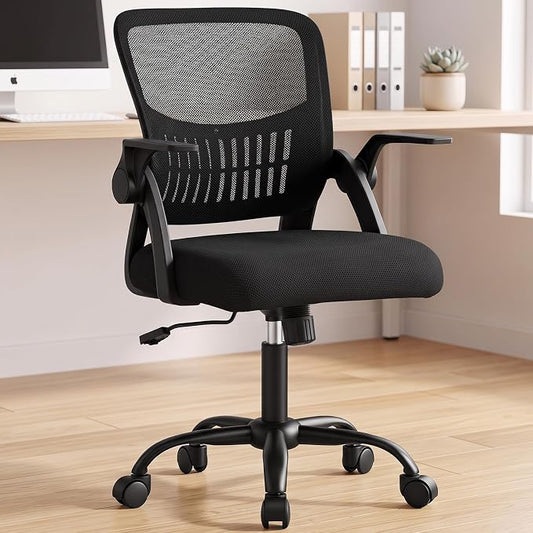 OLIXIS Ergonomic Office Desk Chair, Executive Mid-Back Computer Chair with Comfortable Lumbar Support & Rocking Mode, Height Adjustable with Flip-up Armrest, 360° Swivel, for Adults, Black