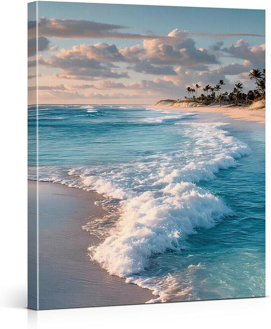 Coastal Ocean Wave Wall Art Decor Seascape Beach Painting Picture Artwork Blue Ocean Aesthetic Wall Decor for Home Beach Room Bedroom 11x15 Canvas Framed