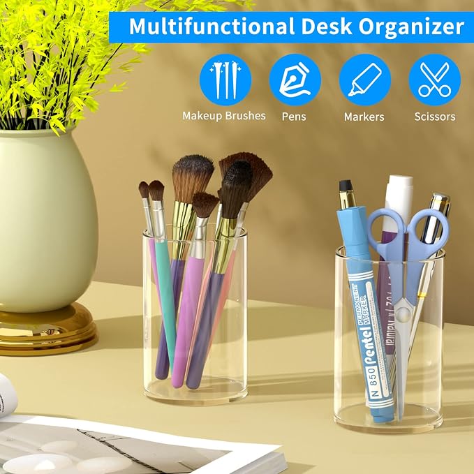 NIUBEE Acrylic Pen Holder 2 Pack,Clear Desktop Pencil Cup Stationery Organizer for Office Desk Accessory -Round