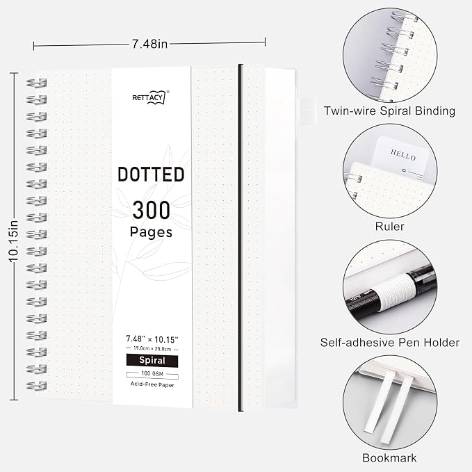 RETTACY Dotted Journal Notebook, 300 Pages, B5 Medium Size (7.4'' × 10''), 100 GSM Thick Paper, Flexible Plastic Cover, Spiral-bound, for Journaling, Planning, Tracking (Transparent)