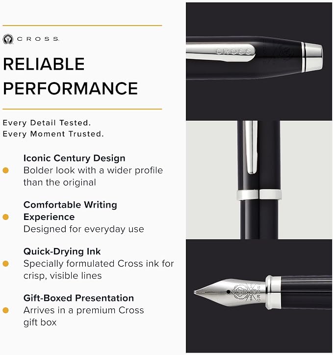 Cross Century II Black Lacquer Medium Nib Fountain Pen - Professional Pen for Everyday Use - Smooth Writing - Comfortable Grip - Black Ink - Durable Construction - Includes Gift Box