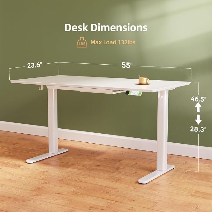 INNOVAR 55×24 Inch Super White Glass Standing Desk with Drawers | Tempered Glass Top, Ergonomic, Adjustable Height, Stand Up Desk,4 Memory Presets