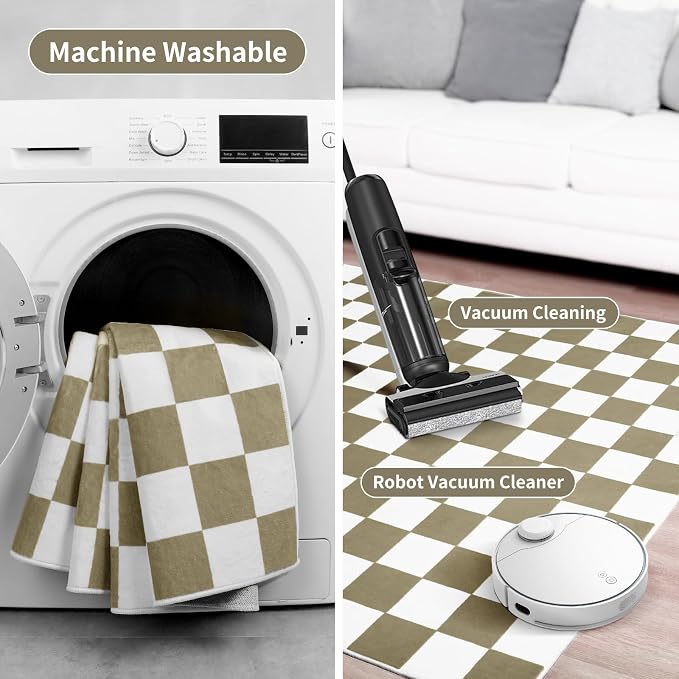 Terrug Beige and White Checkered Rug for Living Room,8x10 Area Rugs Washable with Non Slip for Bedroom,Soft Low Pile Stain Resistance Retro Carpet for Dorm Kids Room