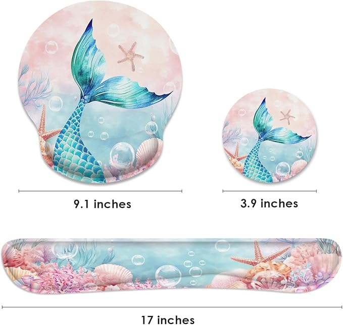 Britimes Pink Cute Deep Sea Mermaid Ergonomic Mouse Pad Set with Wrist Rest Non-Slip Rubber Base Wrist Cushion Support and Coasters Mousepad with Wrist Support for Computer Keyboard and Desk