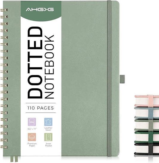 AHGXG Dotted Journal Spiral Notebook 8.5" x 11", Large A4 Leather Hardcover Dotted Notebook, 100 GSM Thick Dot Grid Paper, Inner Pocket, for Dotted Journaling, Sage Green