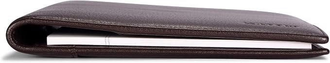 HISCOW Slim Leather Junior Padfolio, 5x8 Notepad Cover, Pebbled Coffee | Full-grain tumbled cowhide, top-loading legal pad holder, rigid pen loop, quick-access card slot, zipperless boardroom design
