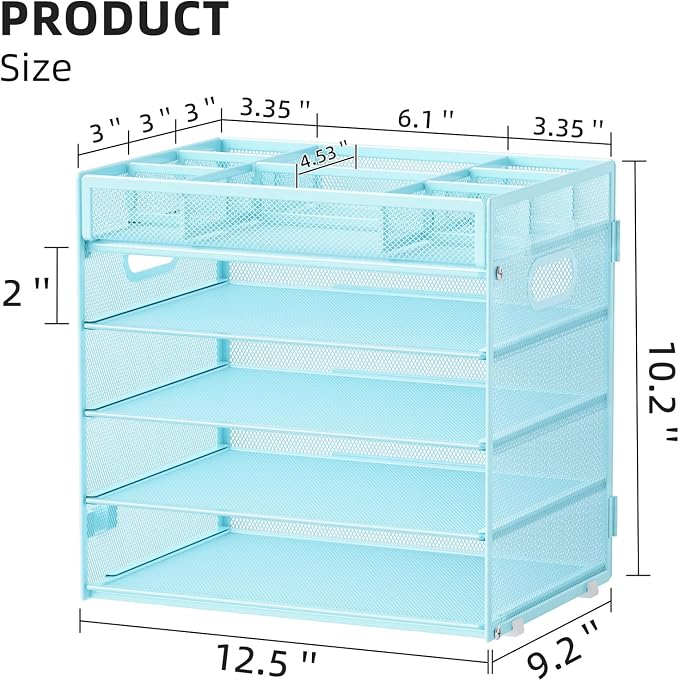 Marbrasse 5 Tier Paper Organizer, Mesh Desk Letter Tray with Handle,Blue | Paper Sorter Desk Organizer for Letter/A4 Office File Folder Holder Home Office Supplies