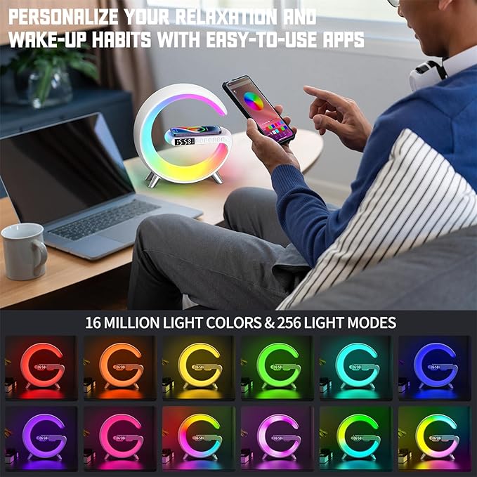 Smart LED Table Lamp, 5-in-1 Night Light Fast Wireless Charging Station, 256 Lights Mode Dimmable Bedside Lamp, Bluetooth Speaker & App Control for Bedroom, Home Decor, Alarm Clock for Festival Gifts