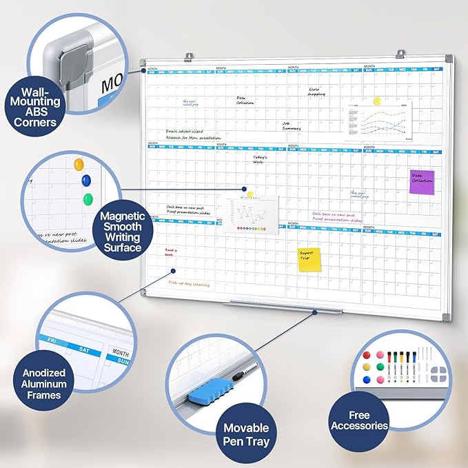 MAKELLO Large Dry Erase Calendar 43" x 31", 12 Months Planning Boards | Wall Mount, Magnetic, Aluminum Frame, Erasable Board, Easy Mount, Yearly Calendar White Board, Family, Kitchen, Classroom