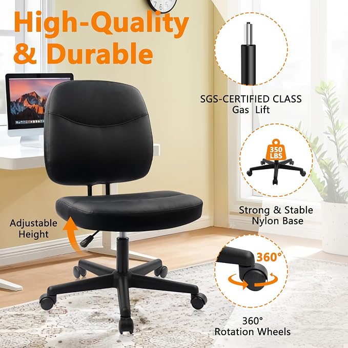 CLATINA Armless Home Office Chair,Small PU Leather Ergonomic Low Back Desk Chair with Lumbar Support and Wheels, Adjustable Height 360° Swivel Rolling Computer Task Chair, Black, 8 Pack