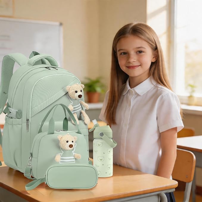 ACESAK Backpack for Girls with Insulated Water Bottle - 4 PCS Cute Girls Backpack with Lunch Box, Pencil Case & Kids Cup Set - 14oz Kids Water Bottle with Straw Set Back to School Supplies (Green)