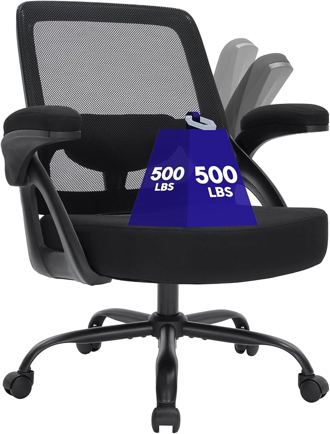 Big and Tall Office Chair 500BLS for Heavy People Mesh Wide Office Chair Heavy Duty Office Chairs with Flip-up Armrests Computer Desk Chair Black