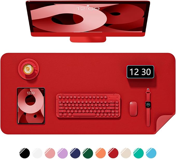 Desk Pad, 35.5" x 17" PU Leather Non-Slip Desk Mat Large Mouse Pad for Desktop, Waterproof Laptop Computer Writing Mat for Office, Home, Work, Gaming, Bright Red