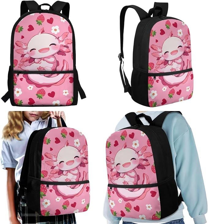 WELLFLYHOM Axolotl Girls Elementary Backpack with Lunch Box Pencil Pouch Water Bottle Sleeve Strawberry 4 Pcs Kids School Book Bag Daypack Set for School Sport Travel