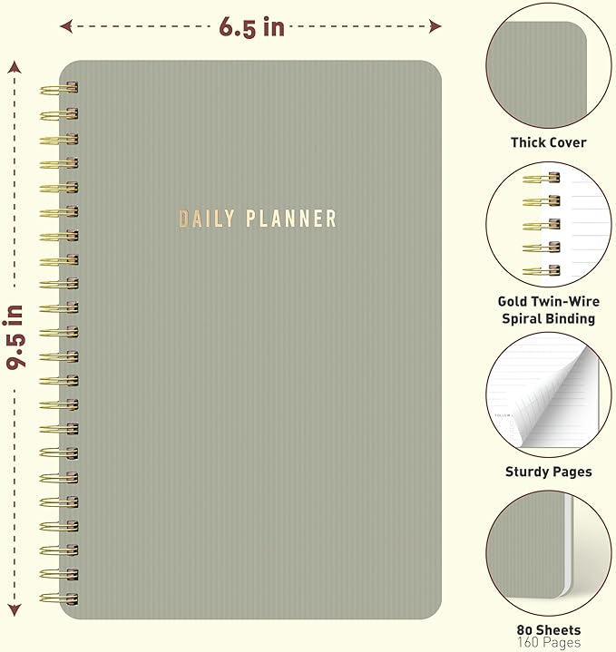Sweetzer & Orange Daily Planner Notebook – Undated Two-Page Daily Layout with Hourly Schedule, To-Do List, Priorities, and Notes – 6.5" x 9.5" Spiral Bound Productivity Organizer – 160 Pages
