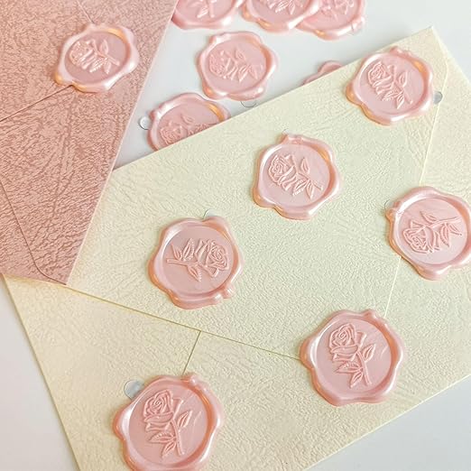 50 Pcs Adhesive Pink Rose Wax Seal Stickers, Rose Wedding Invitation Seal, Pink Rose Seals for Envelope, Easy to Use Rose Envelope Stickers with Good Adhesion