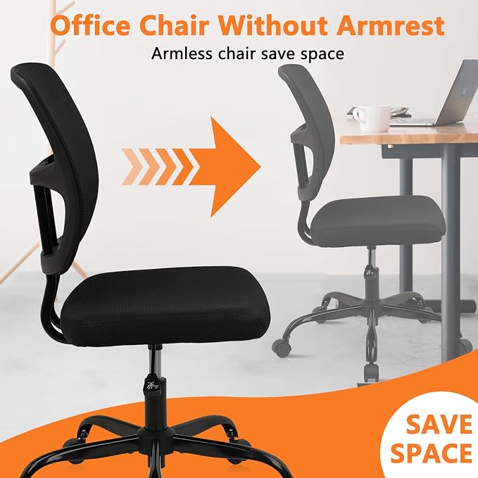 CLATINA Armless Home Office Chair, Small Ergonomic Mesh Back Desk Chair with Lumbar Support and Wheels, Adjustable Height 360° Swivel Rolling Computer Chair for Conference Waiting, Black, 6Pack