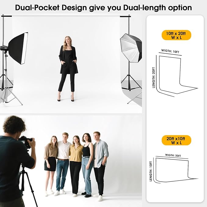 CPLIRIS 10x20ft White Backdrop for Photography, Dual-Size Dual-Pocket Design Photo Booth Background for Portrait Photoshoot, Party and Video with Both Options of 10 feet and 20 feet in Width