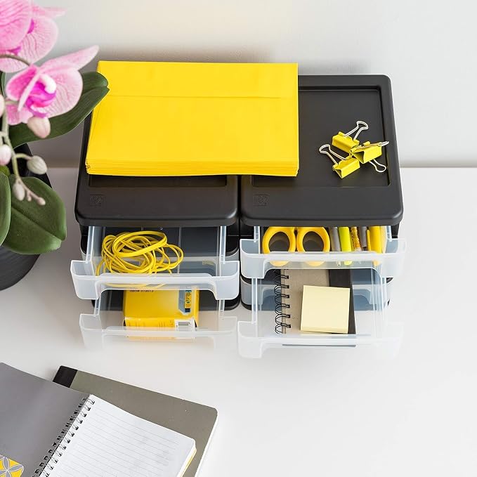 IRIS USA 4-Pack, 3-Drawer Small Plastic Stacking Desktop Organizer, Black | Organize office supplies, stationery, makeup, craft materials and everyday essentials for neat desktop storage