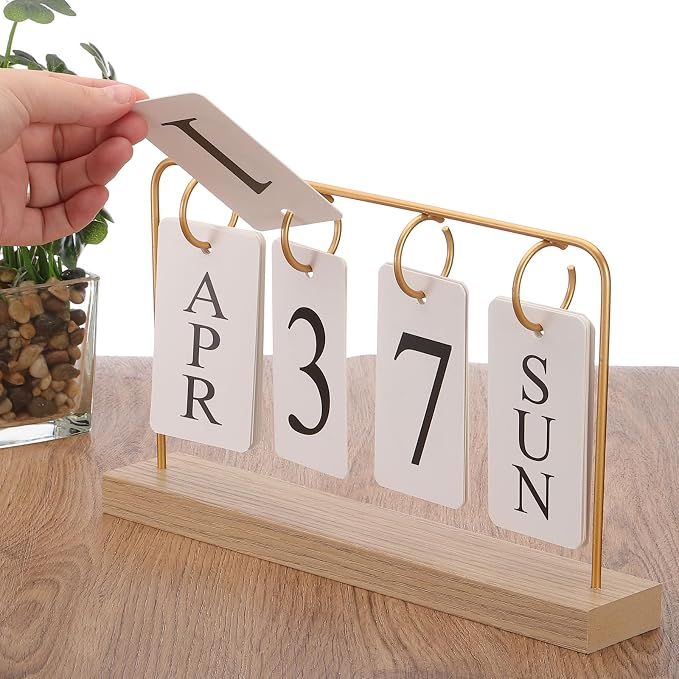 PATIKIL Vintage Wood Perpetual Calendar, Wooden Flip Calendar Turn Page Month Date Display for Desk Office Home Room Decoration, Golden