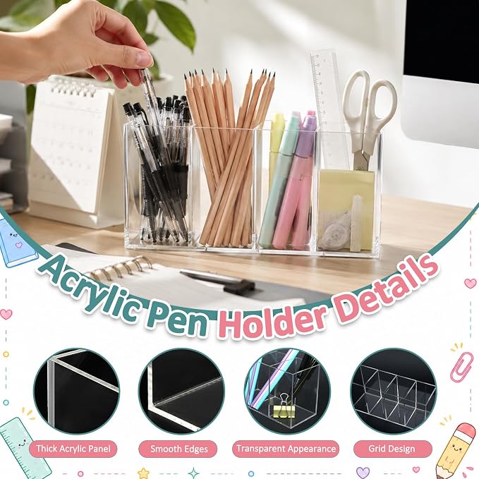 Mototo 3PCS Acrylic Pen Holder Back to School 4 Compartments Pen Organizer | Clear Pencil Cup Desktop Caddy Makeup Brush Storage Solution for Cosmetic Office Bathroom Kitchen Home Coffee Bar Container