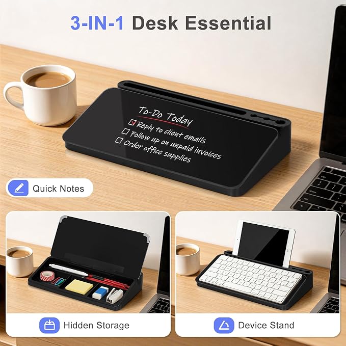 WALGLASS Small Desktop Whiteboard with Storage, Glass Desk Dry Erase White Board Computer Keyboard Phone Pad Stand with Drawer, Desk Organizers with Accessories for Office, Home, School Supplies Black