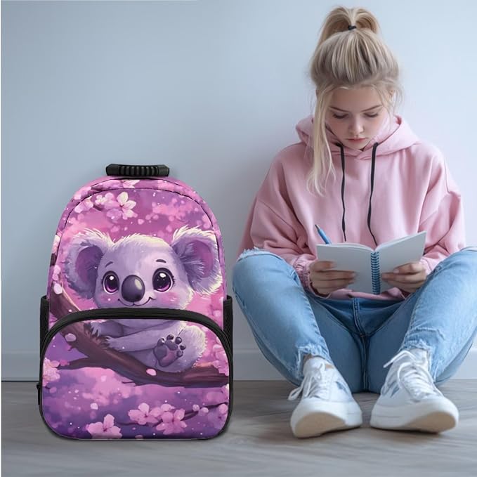 Ystardream Lovely Koala Backpack for School Girls Backpack with Lunch Box Set for Kids Primary School Backpacks Matching Lunch Bag & Water Bottle Sleeve & Pencil Case Cherry Blossom Design Dayapck