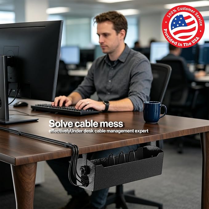 POCHAR Under Desk Cable Management Tray, 15" Power Strip Holder | Heavy Duty 1.7mm Steel Wire Organizer with 9-Cord Routing Openings, Screw Mount Cord Management for Standing Desk Home Office