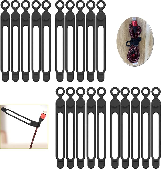 [20Park]UMUST Silicone Cable Ties, Reusable Cable Management Organizer, Cord Tie,Multipurpose Elastic Cord Organizer for Bundling and Fastening Cable Cords Wires(black) | Reusable Cord Ties, Cable Strap Tie for Bundling Electronics Wire,Home Office Tra...