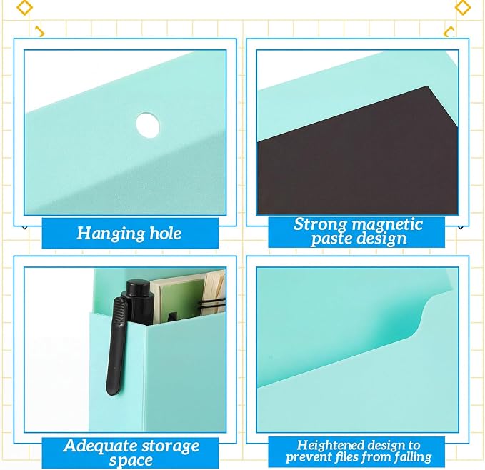 Gilprop 8 Pack Magnetic File Holder, 10"x13"x1.2" Magnetic Wall File Folders for Whiteboard, Hanging Classroom Organizer Storage, Refrigerator Magazine Holder for Mail Letters Paper Desk Office