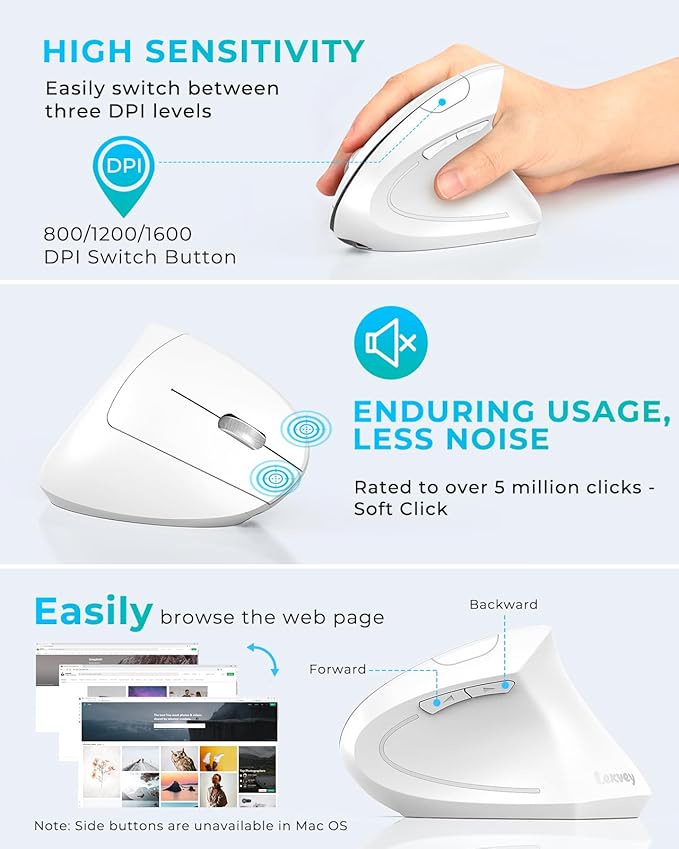 Lekvey Ergonomic Mouse, Vertical Wireless Mouse, Rechargeable 2.4G Optical Carpal Tunnel Mice with USB Receiver: 1000/1200/1600 DPI, 6 Buttons, for Laptop, Computer, Mac, PC, Desktop, Notebook, White