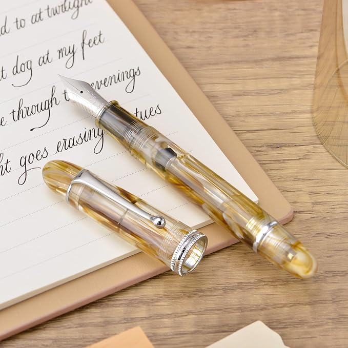 Asvine V800 Fountain Pen – Vacuum Filling System with Large Ink Capacity – Smooth Number 8 Extra Fine Nib with Gift Case and Wrench- Brown White