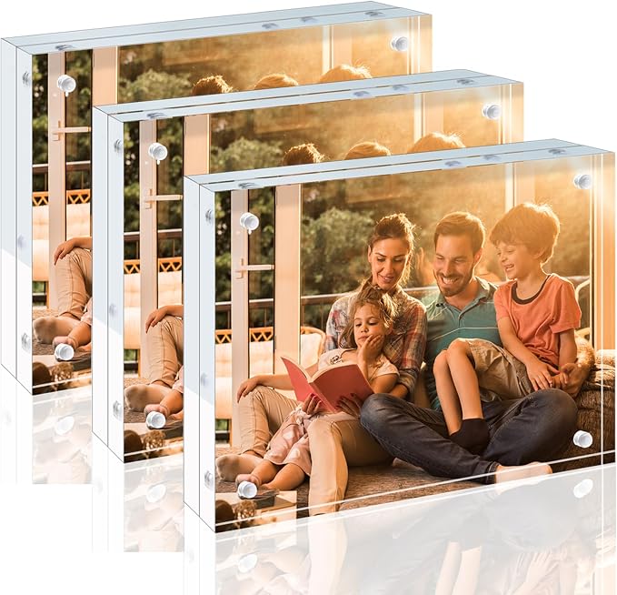Egofine 5x7 Acrylic Frames 3 Pack, 20mm Thicker Frameless Clear Picture Frames, Double Sided Magnetic Picture Frames, Free Standing Desktop Display