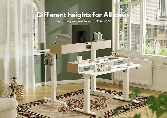 Claiks Standing Desk with Drawers & Wheels, 2 Height Shelf 48inch White | 2 height adjust shelf, tabletop drawers, felt fence design, sturdy supports 176 lbs, 4 wheels, 2 tire monitor stand