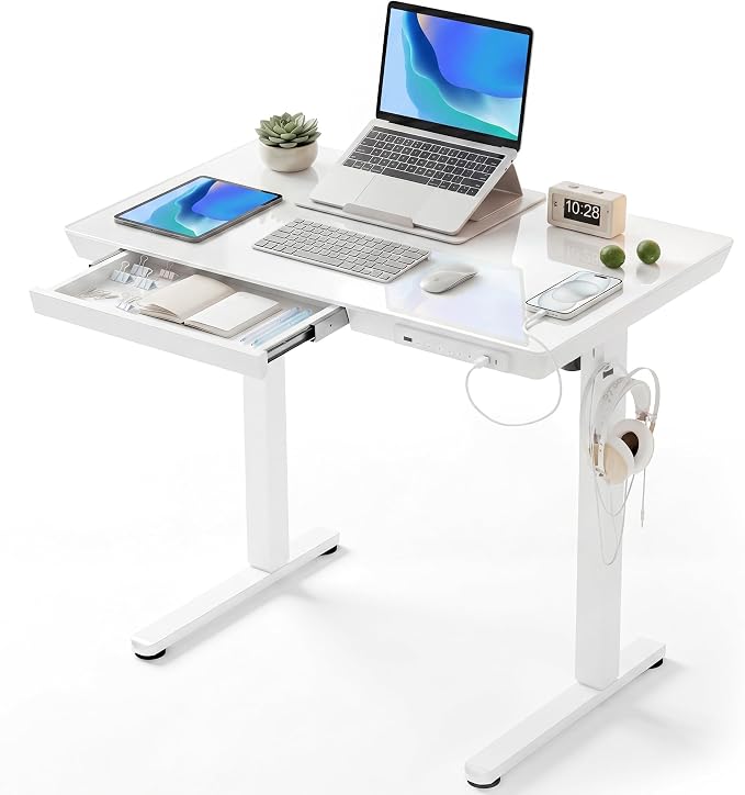 Claiks Small Glass Standing Desk with Drawers & USB Ports 35x19 White | 3 Steps Quick Install, Buil in Drawer, USB Ports, Ultra White One-Piece Glass Top, Writable Top