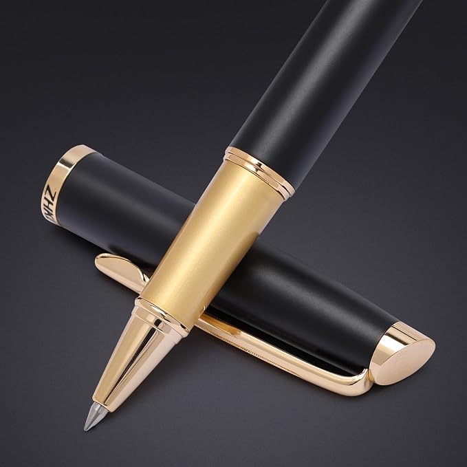 ZHKUVE Luxury Rollerball Pen, Stunning Black Lacquer with 24K Gold Trim, Switzerland Tip with Black Ink Refills, Elegant Gift Set for Men & Women, Executive Writing