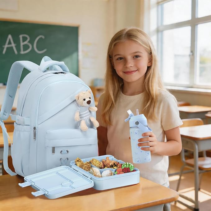 ACESAK Girls Backpack for School Set - 5 PCS Cute Girls Backpack with Lunch Box, Pencil Case, Bento Box & Insulated Water Bottle - Kawaii Casual Kids Bookbag Set Back to School Supplies (Blue)