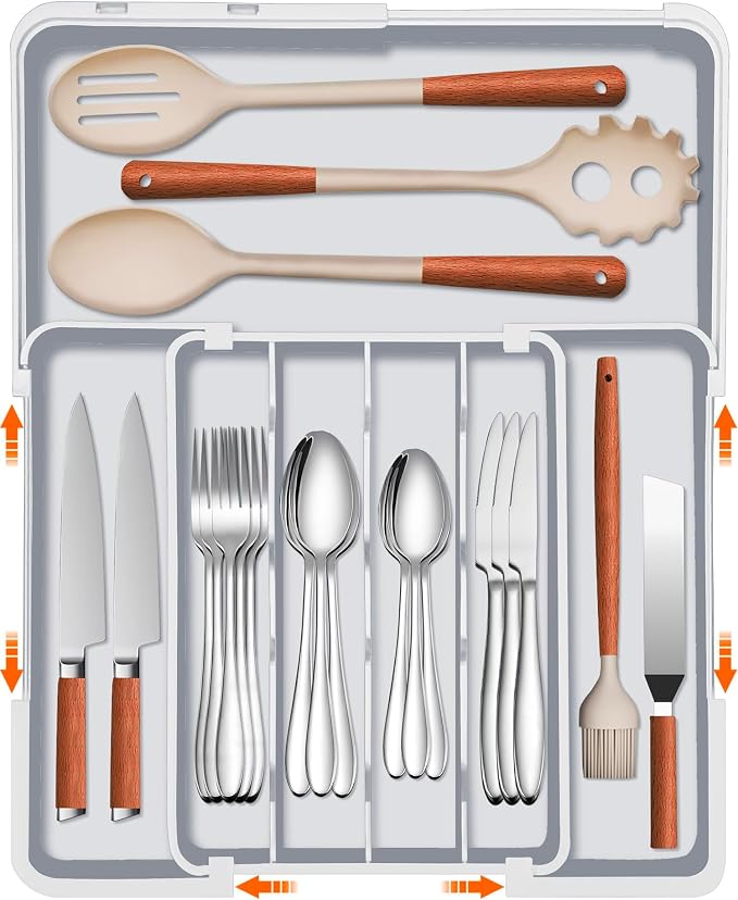 Silverware Drawer Organizer Tray, Adjustable Cutlery Storage for Kitchen, Expandable Flatware and Utensil Holder Divider for Spoons Forks Knives Tableware, 15 x 19, 4-7 Slots, Gray