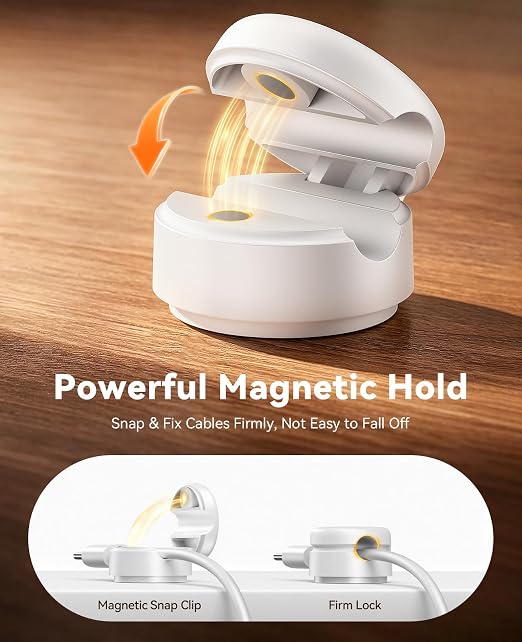 Rocoren 12 Pack 360° Rotating Magnetic Cable Clips, No-Residue Adhesive Cord Organizer for Cable Management, 1s Lock Cord Holder for Desk Nightstand Wall Car,Office Home Dorm Room Accessories,White