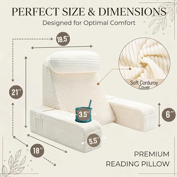 Reading Pillow for Adults, Back Pillow for Bed Sitting Up, Backrest Pillow for Sitting in Bed, Detachable Arms with Built-in Cup & Phone Caddy (Beige-Corduroy, 21 INCH)