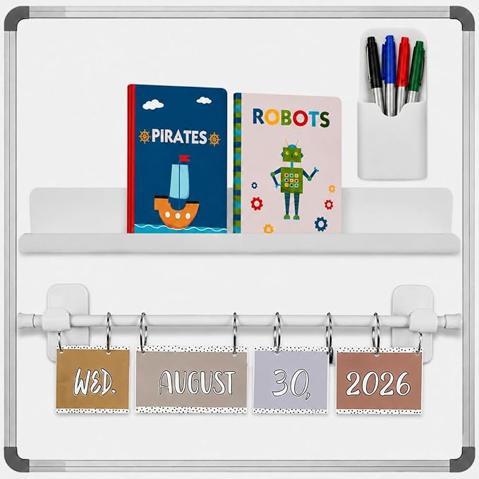 3 Set Magnetic Classroom Supplies Include Magnetic Adjustable Flip Calendar Rod Book Shelf and Pen Holder for Classroom, Teacher Office, School Supplies