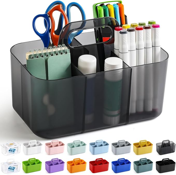 Multiuse Caddy Organizer with Handle, Portable Plastic Tote Bin - Art Craft, Stationary Pen Marker Crayons, Makeup Hair Supplies Storage - Bathroom, Classroom, Dorm, Office, Desk Holder - Clear Black