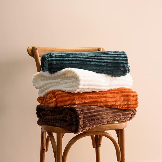Vessia Flannel Fleece Throw Blanket(50X70 Inch), 300GSM Cozy Brown Stripe Throw for Couch, Sofa and Bed, Warm and Soft Chocolate Microfiber Ribbed Blanket for All Season
