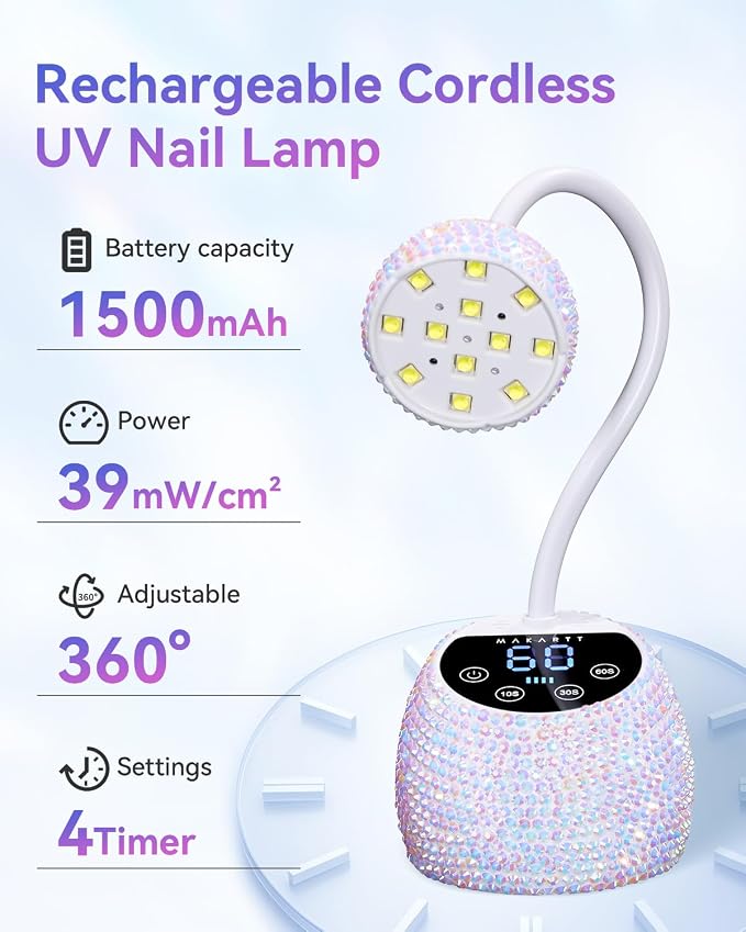 Makartt UV LED Nail Lamp - Gooseneck Flash Cure Lamp 39mW/cm² Rechargeable UV Light for Gel Nails with Auto Sensor 4 Timers Fast Curing Nail Light for Charms Gel-X Tips Rhinestones (Diamond White)