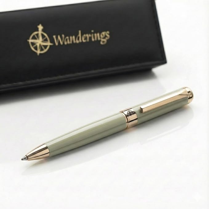 WANDERINGS Premium Ballpoint Pen with German Ink – Perfectly Balanced for a Superb Writing Experience, 24K Gold Plated Green Soft Sage Green- Includes a Schmidt Refill in a Giftable Presentation Case