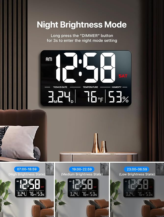 MASHI 13" Large Display Digital Clock, Alarm, Date, Temperature, DST | Remote control & 6-level dimmer. Shows day, humidity. Plug-in; memory backup. For desk, wall, gift for elderly