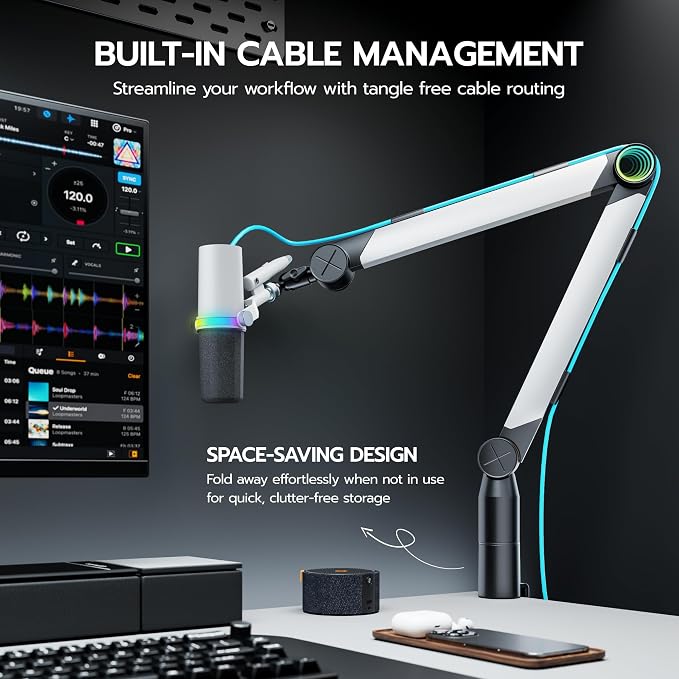 ARES WING Aluminum Microphone Boom Arm with RGB Light and Volume Control, Adjustable Mic Arm Desk Mount with 3/8” to 5/8” Screw Adapter, Suspension Scissor Mic Stand for Gaming Streaming Podcasting
